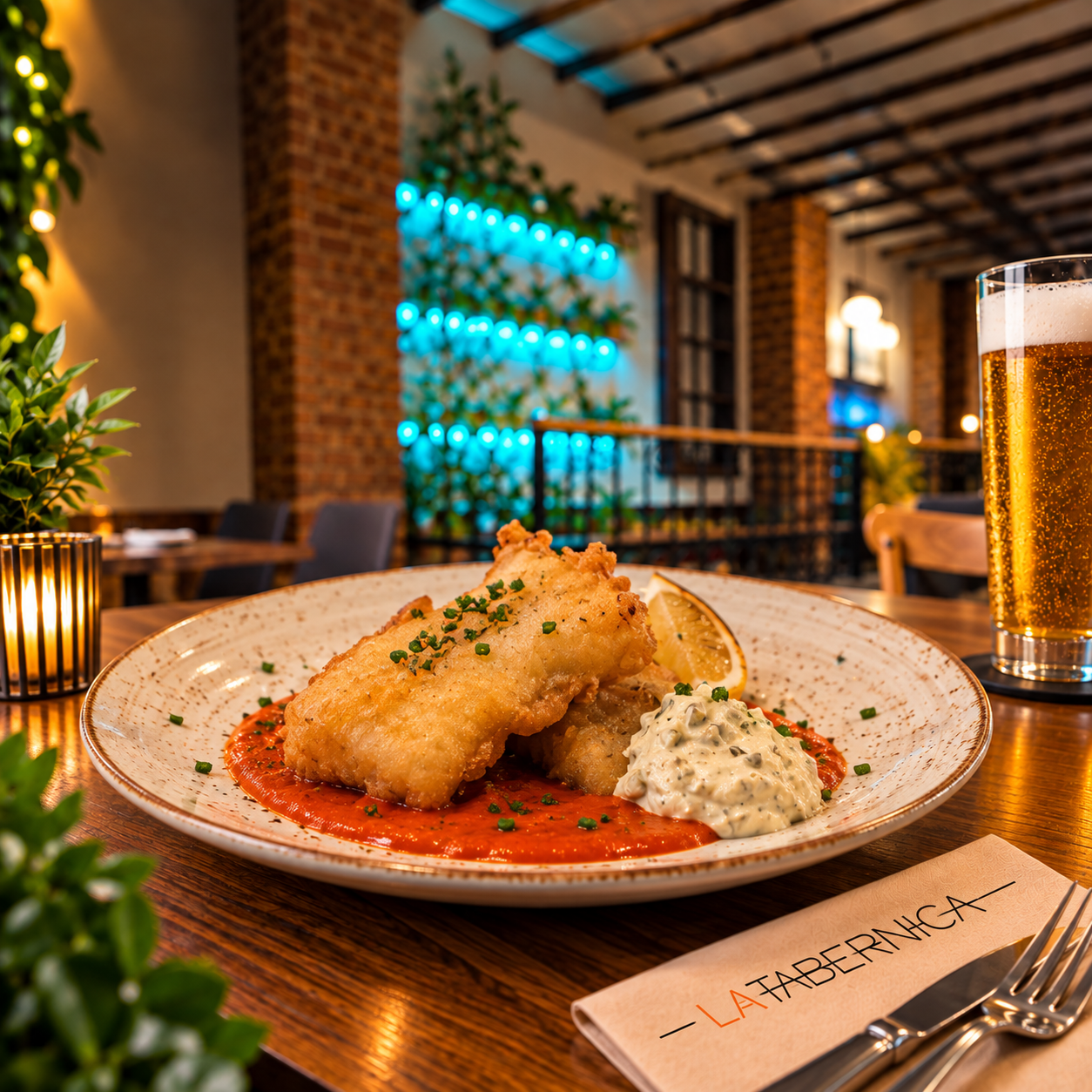 BACALAO REBOZADO CON SALSA DE PIQUILLO Y  TARTARA