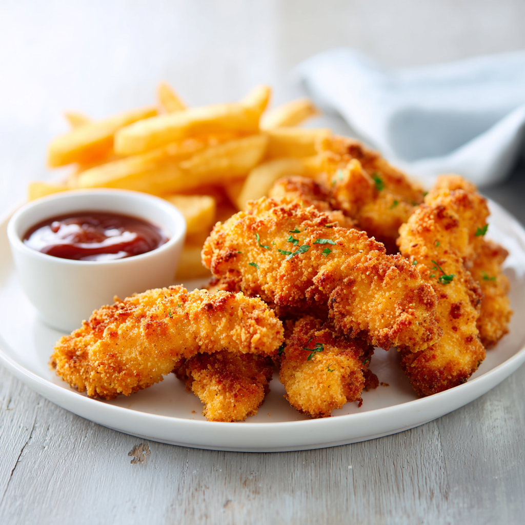 Pechuga empanada con patatas fritas